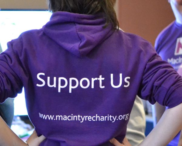 Photo of person in hoodie saying Support Us