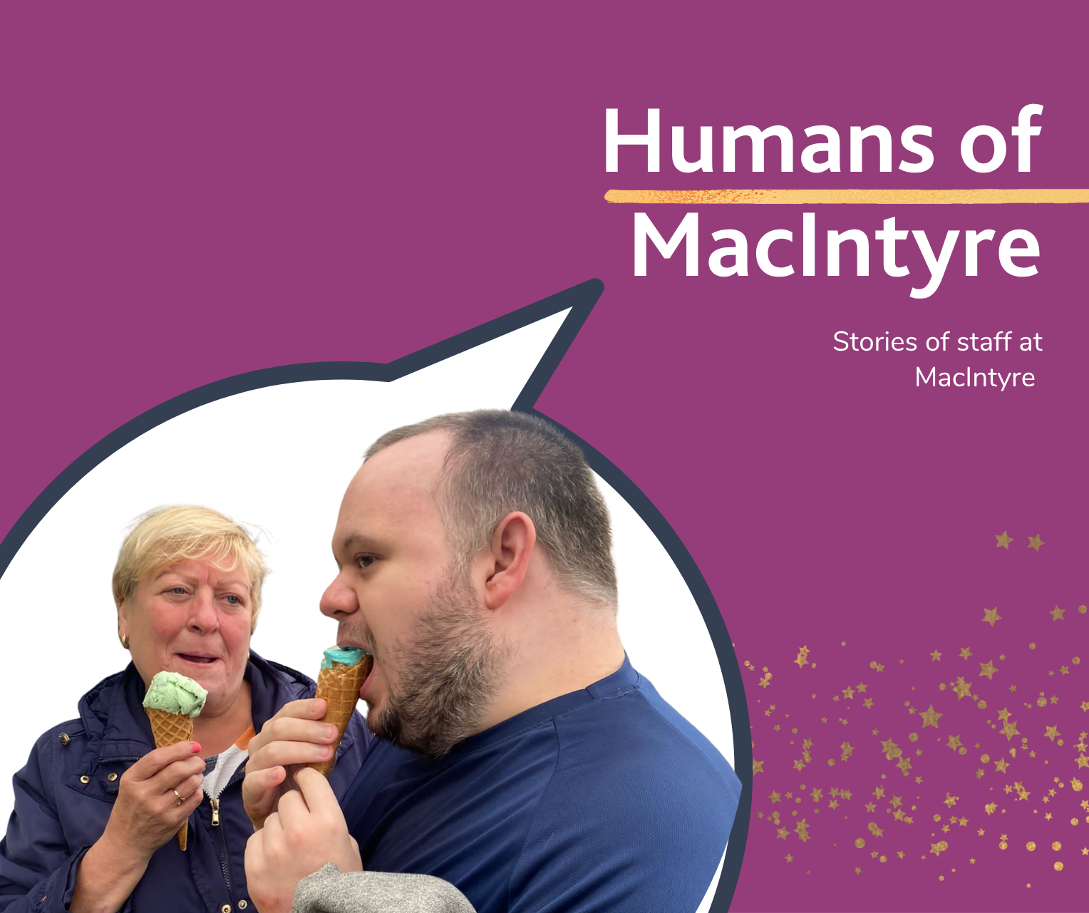 Man and woman eating ice cream with words saying Humans of MacIntyre