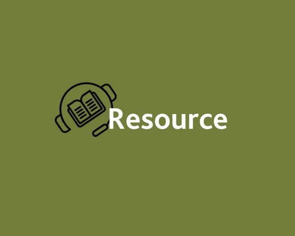 Book and headphones graphic next to the word resource on a green background